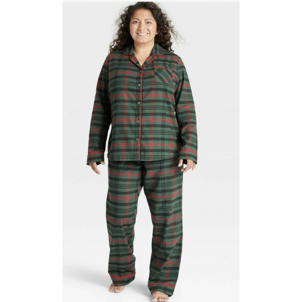 Hearth & Hand Pajama Set Womens S Green Plaid Flannel Cotton Holiday Sleepwear